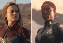 Photo de La réaction de Brie Larson en voyant Lashana Lynch en tant que captaine Marvel