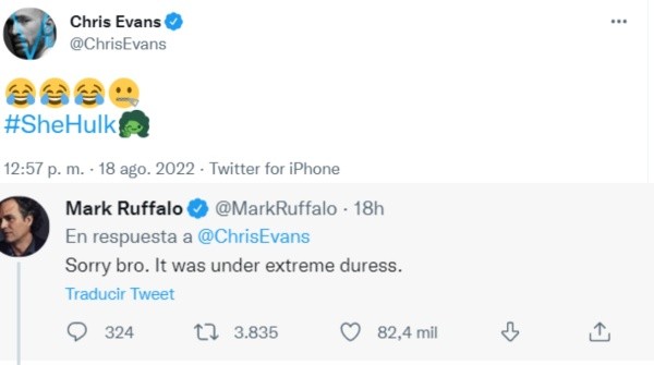 La réaction de Chris Evans à la première de She Hulk et la réponse de Mark Ruffalo. 