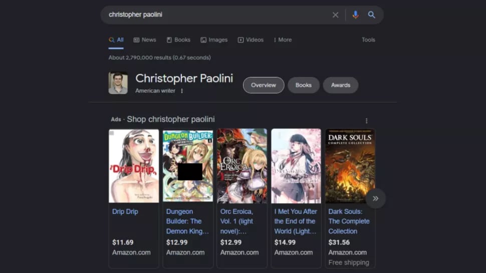 Les résultats de Google pour l'auteur "Eragon" ont montré du porno borderline - J'en ai officiellement marre du moteur de recherche paolini search