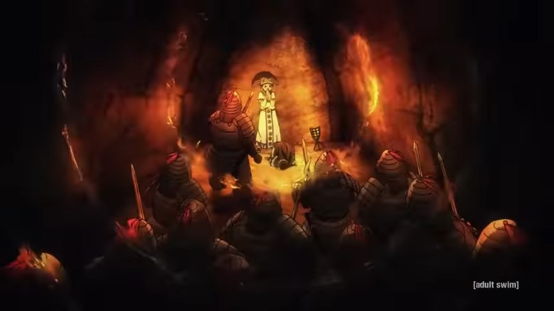 Capture d'écran de la bande-annonce du Housing Complex C, mettant en scène une princesse indienne dont le compagnon est tué par des guerriers samouraïs. 