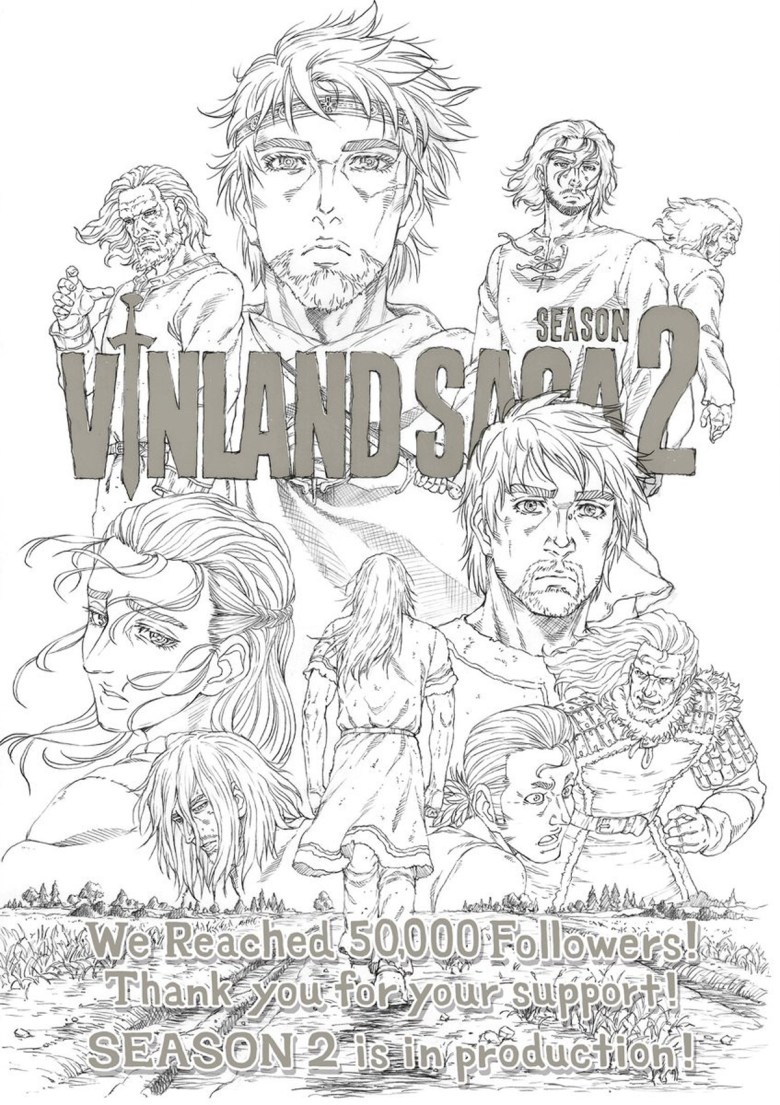 Illustration commémorative célébrant le compte Twitter officiel de Vinland Saga atteignant 50 000 followers !