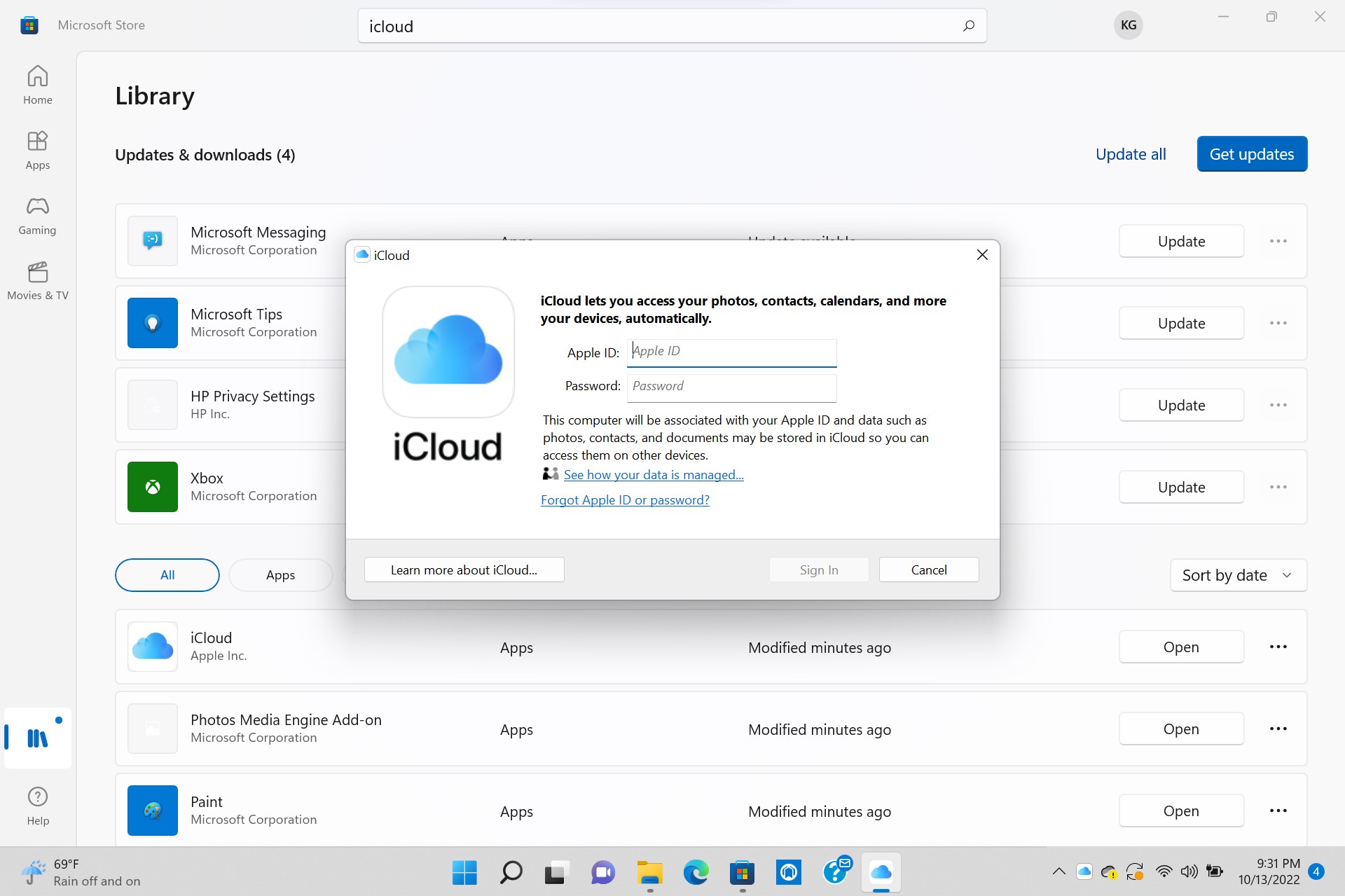 Application iCloud pour Windows