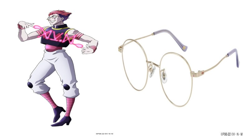 Illustration d'Hisoka portant des lunettes et du design des lunettes Hisoka.