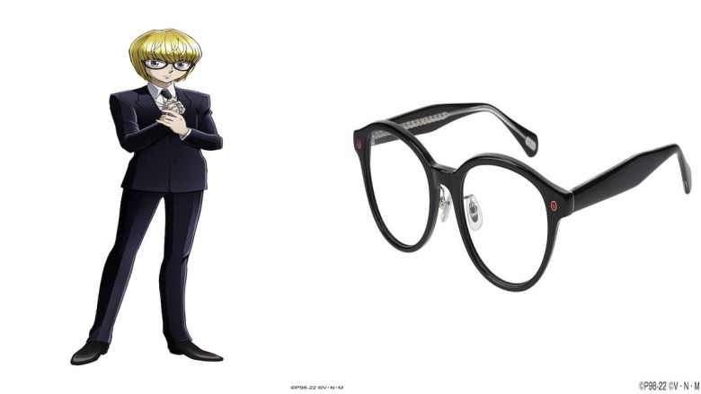 Illustration de Kurapika portant des lunettes et du design des lunettes Kurapike. 