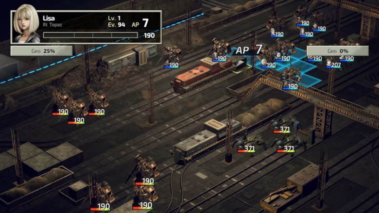 Une vue aérienne détaillée des unités alliées et ennemies telles qu'elles apparaissent dans le jeu FRONT MISSION 2: Remake.