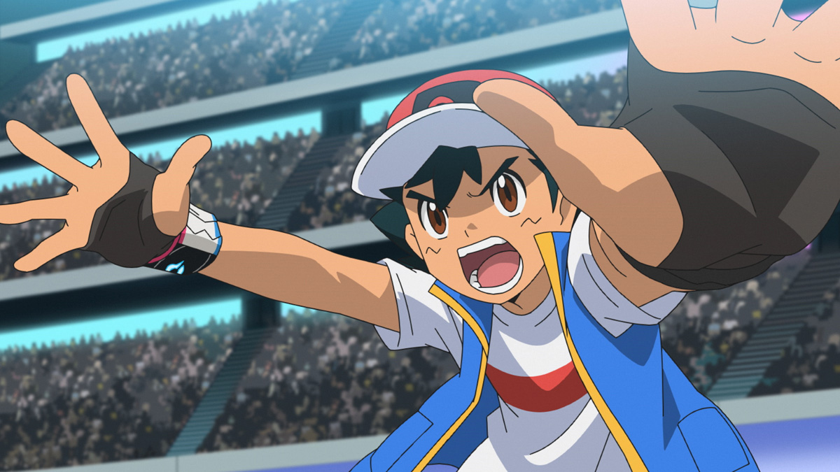 Capture d'écran de l'épisode 132 de Pokemon Journeys, avec Ash victorieux ordonnant à Pikachu d'attaquer.