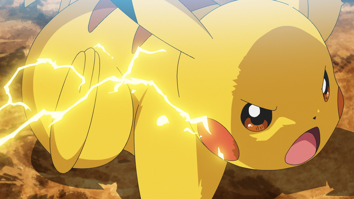 Screenshot from Pokemon Journeys episode 132, showing Pikachu getting ready to attack.