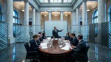 Cadres en réunion autour d'une table ovale dans un bureau moderne