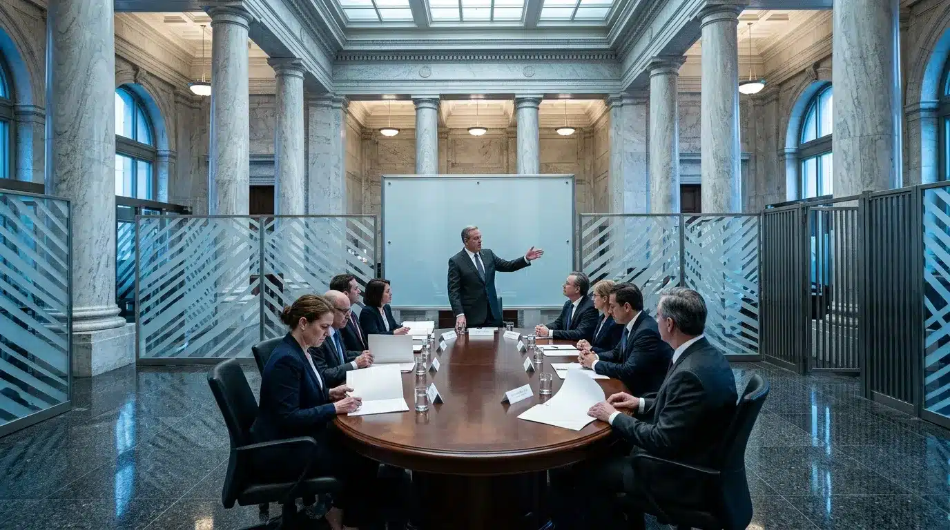 Cadres en réunion autour d'une table ovale dans un bureau moderne