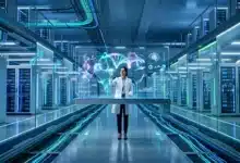 Chercheur en blouse blanche analysant structures ADN holographiques