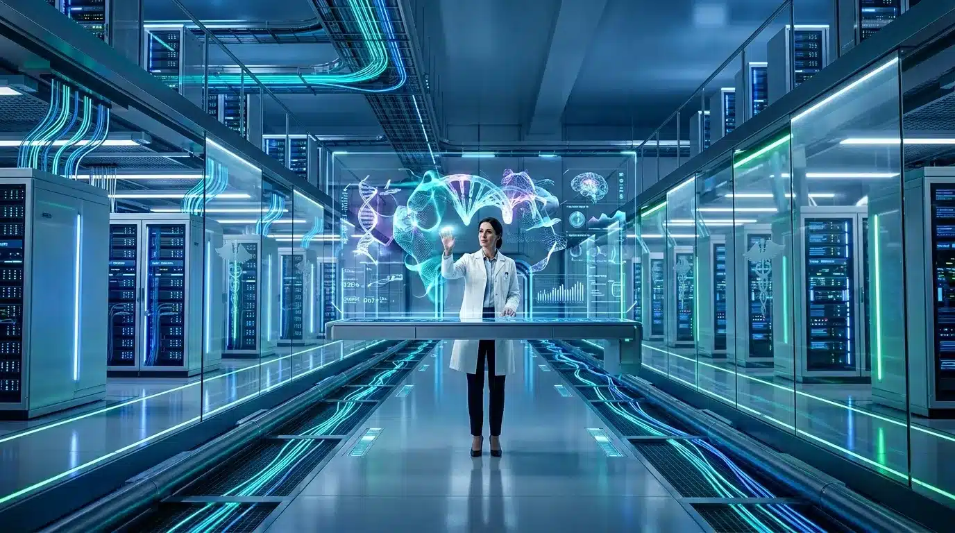 Chercheur en blouse blanche analysant structures ADN holographiques