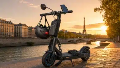 Trottinette électrique équipée d’un casque, de gants, d’un rétroviseur, d’un support téléphone, d’un antivol et d’une sacoche à Paris
