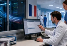 Un médecin valide un document assisté par une IA reliée à l’infrastructure sécurisée d’un hôpital français