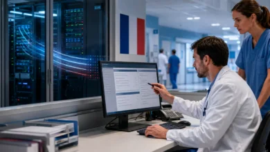 Un médecin valide un document assisté par une IA reliée à l’infrastructure sécurisée d’un hôpital français