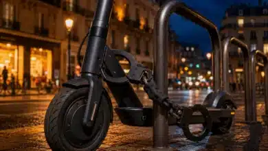 Trottinette électrique attachée à un arceau avec un antivol à menottes dans Paris