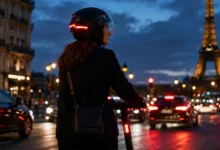 Conductrice de trottinette électrique portant un casque à visière avec feu arrière dans Paris