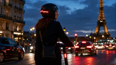 Conductrice de trottinette électrique portant un casque à visière avec feu arrière dans Paris