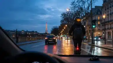 Automobiliste voyant les clignotants lumineux du casque d’un utilisateur de trottinette à Paris