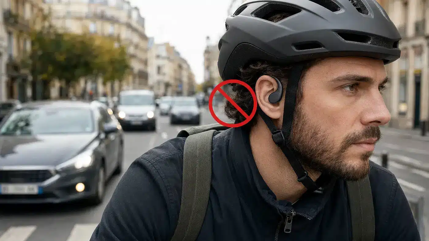 Cycliste portant des écouteurs open-ear interdits en circulation
