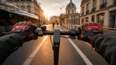 Gants renforcés noirs et rouges portés au guidon d’une trottinette électrique dans Paris