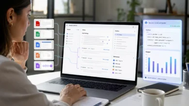 Une professionnelle analyse des documents dans un carnet IA doté d’un ordinateur cloud sécurisé