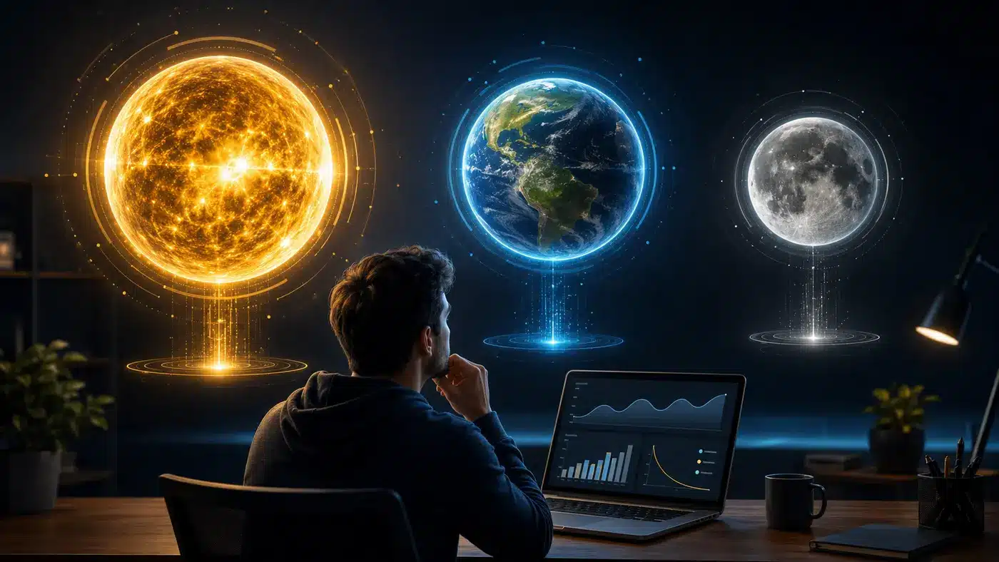 Un développeur compare trois niveaux d’API symbolisés par le Soleil, la Terre et la Lune