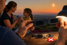 Un adulte inspecte une paire de lunettes d’éclipse tandis qu’une paire endommagée est écartée