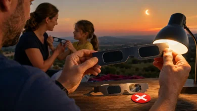 Un adulte inspecte une paire de lunettes d’éclipse tandis qu’une paire endommagée est écartée