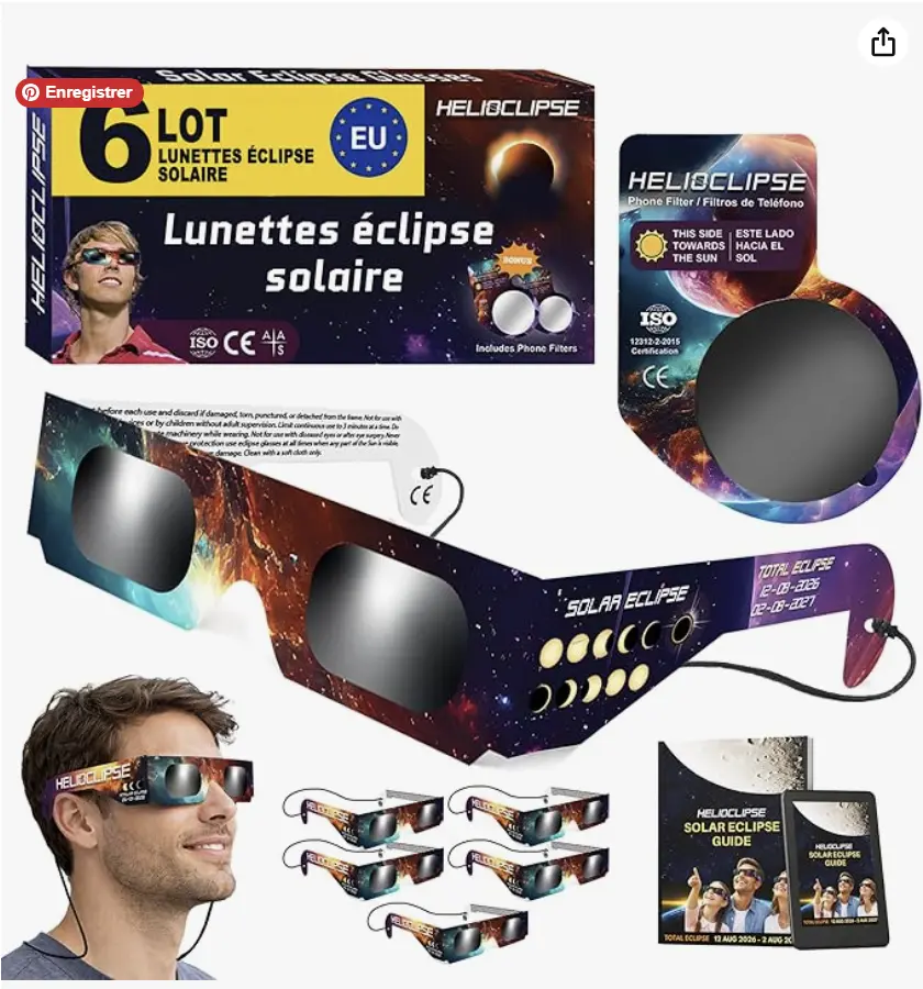 Fiche Amazon de lunettes pour l’éclipse solaire proposées en plusieurs lots