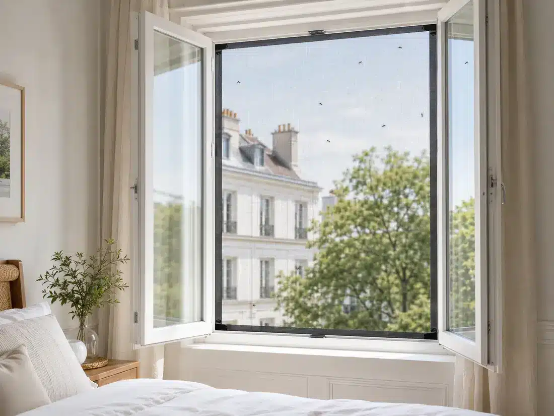 Moustiquaire amovible correctement installée sur une fenêtre ouverte