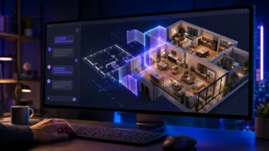 Un plan architectural 3D se construit dans un éditeur pendant une conversation avec une intelligence artificielle