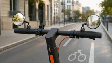 Deux rétroviseurs ronds fixés par sangles sur le guidon épais d’une trottinette électrique