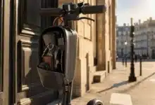 Sacoche rigide verrouillable fixée sur une trottinette électrique dans Paris