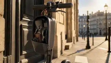 Sacoche rigide verrouillable fixée sur une trottinette électrique dans Paris