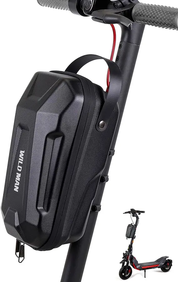 Sacoche rigide VERTAST fixée sur la potence d’une trottinette électrique