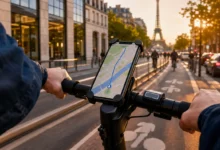 Support téléphone fixé au guidon d’une trottinette électrique dans Paris