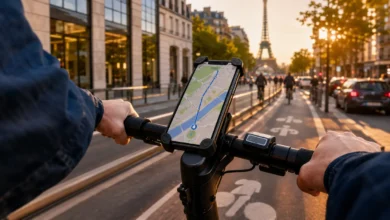 Support téléphone fixé au guidon d’une trottinette électrique dans Paris