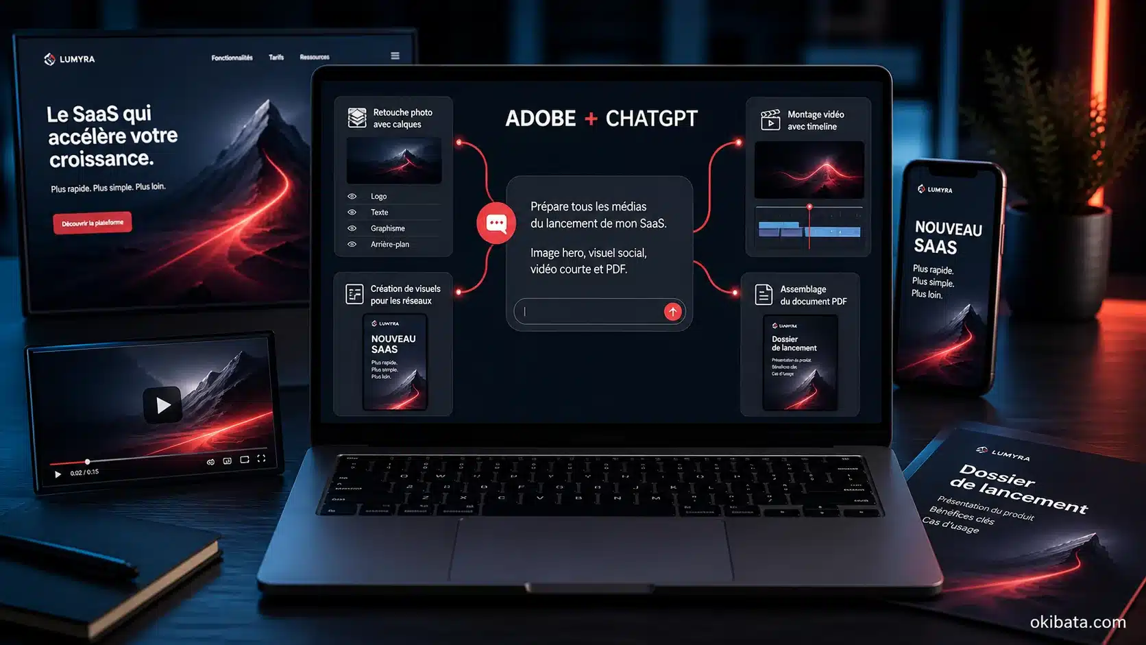 Une conversation ChatGPT pilote la retouche photo, le montage vidéo, les formats sociaux et la création d’un PDF avec Adobe