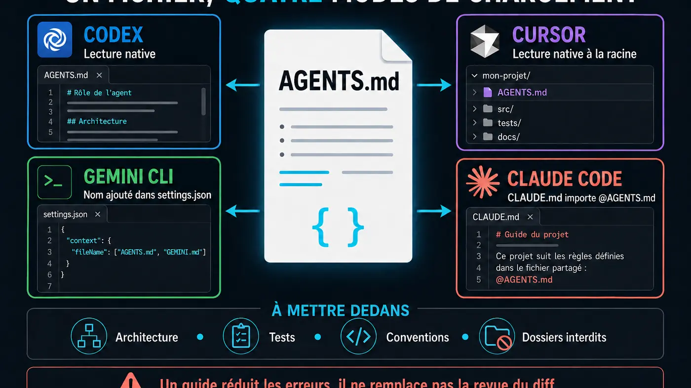 Infographie expliquant comment Codex, Cursor, Gemini CLI et Claude Code utilisent AGENTS.md