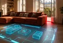 Canapé surdimensionné bloquant une porte-fenêtre tandis qu’un plan 3D révèle un meilleur agencement