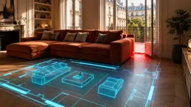 Canapé surdimensionné bloquant une porte-fenêtre tandis qu’un plan 3D révèle un meilleur agencement