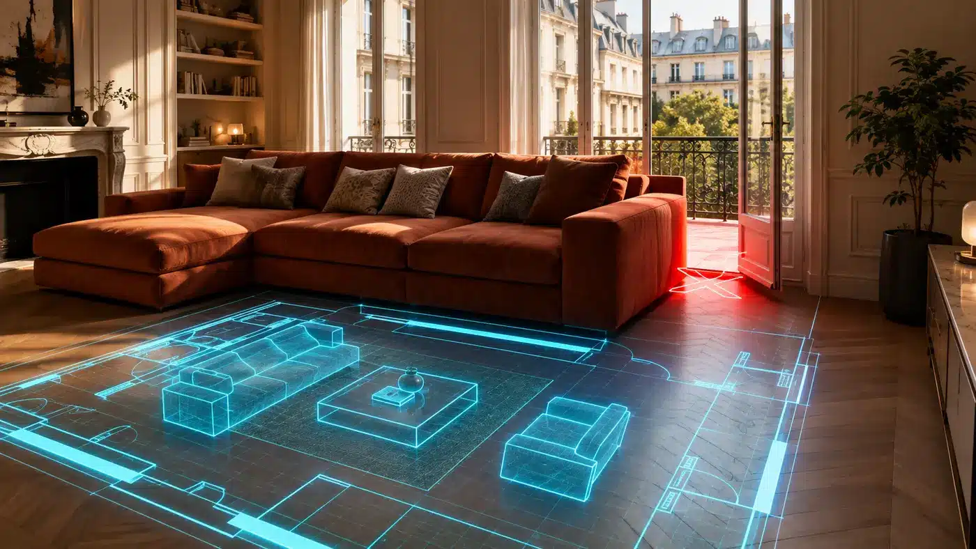 Canapé surdimensionné bloquant une porte-fenêtre tandis qu’un plan 3D révèle un meilleur agencement