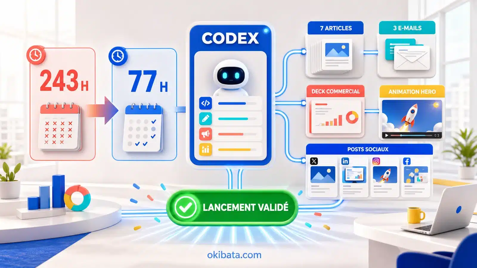 Codex orchestre une landing page, sept articles, trois e-mails, un deck, une animation et des posts sociaux en faisant passer la production de 243 à 77 heures