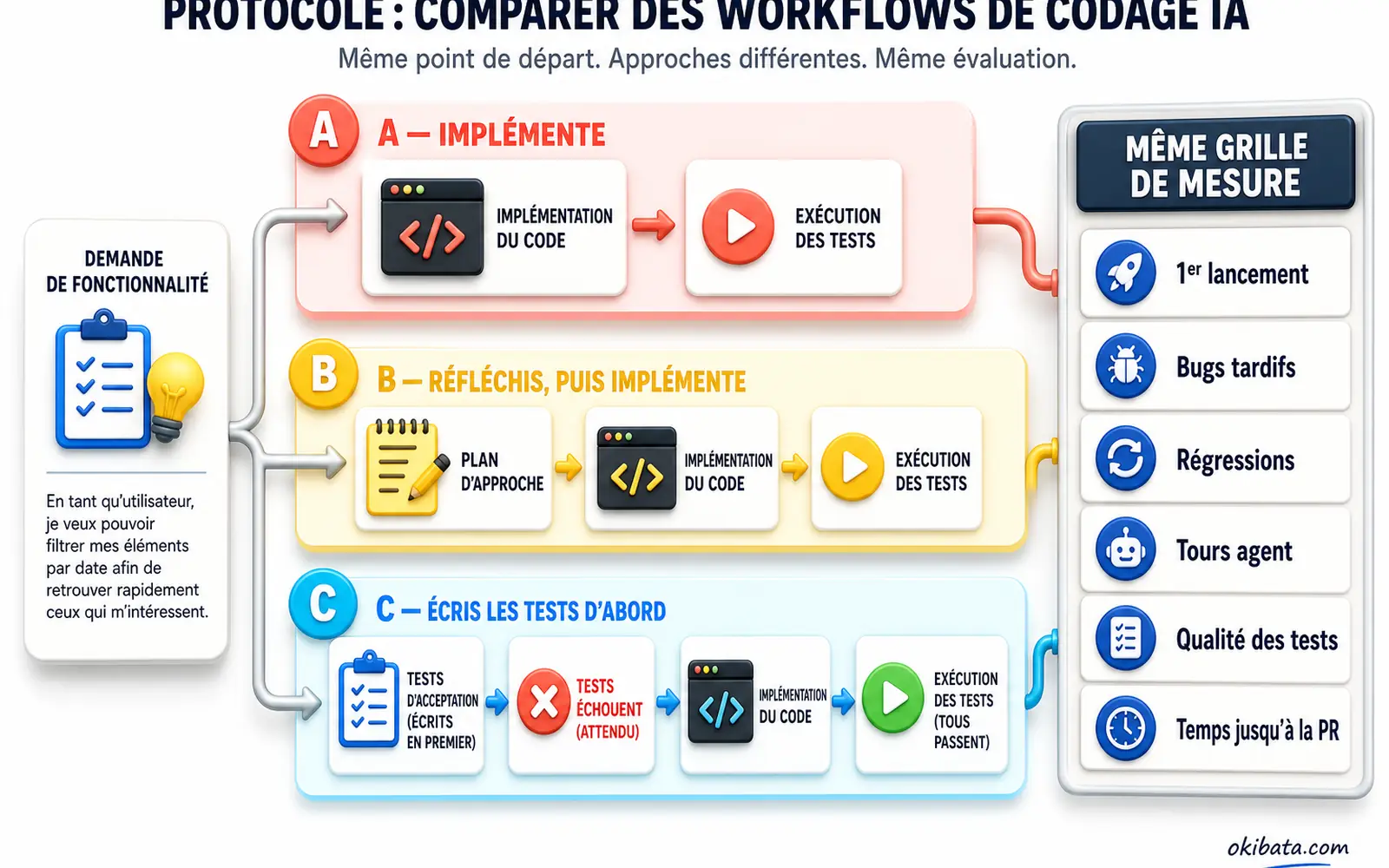 Trois workflows identiques pour comparer une IA qui code directement, réfléchit d’abord ou écrit les tests avant le code avec la même grille de mesure