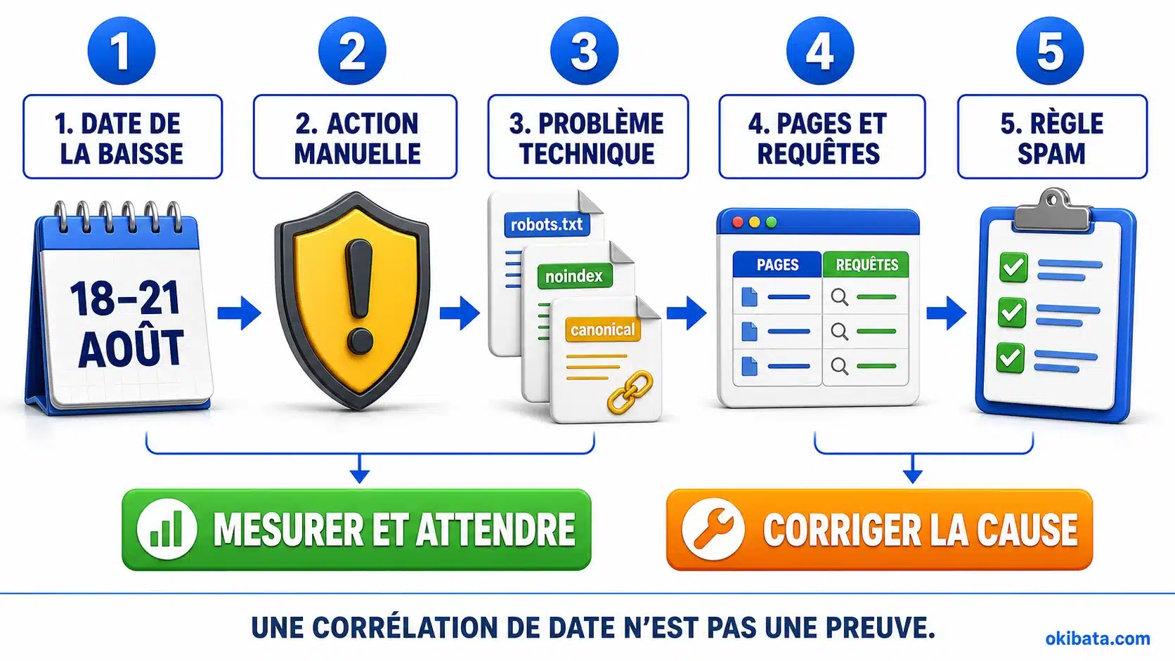 Méthode de diagnostic en cinq étapes après la Google Spam Update d’août 2026 : date, action manuelle, technique, pages et règles antispam