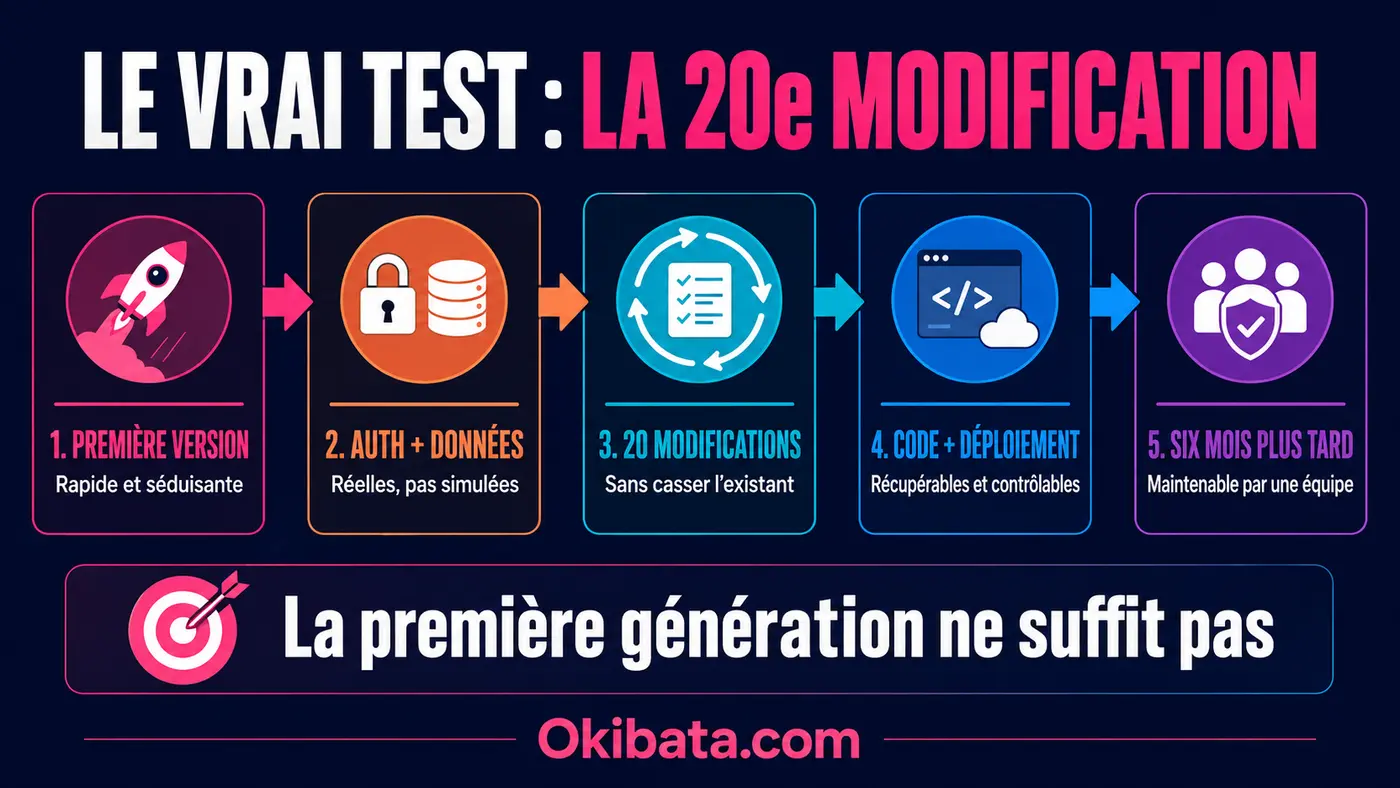 Infographie expliquant les cinq étapes pour juger la maintenance d’une application créée par une IA
