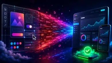 Une interface de conception visuelle se transforme en application SaaS fonctionnelle et responsive