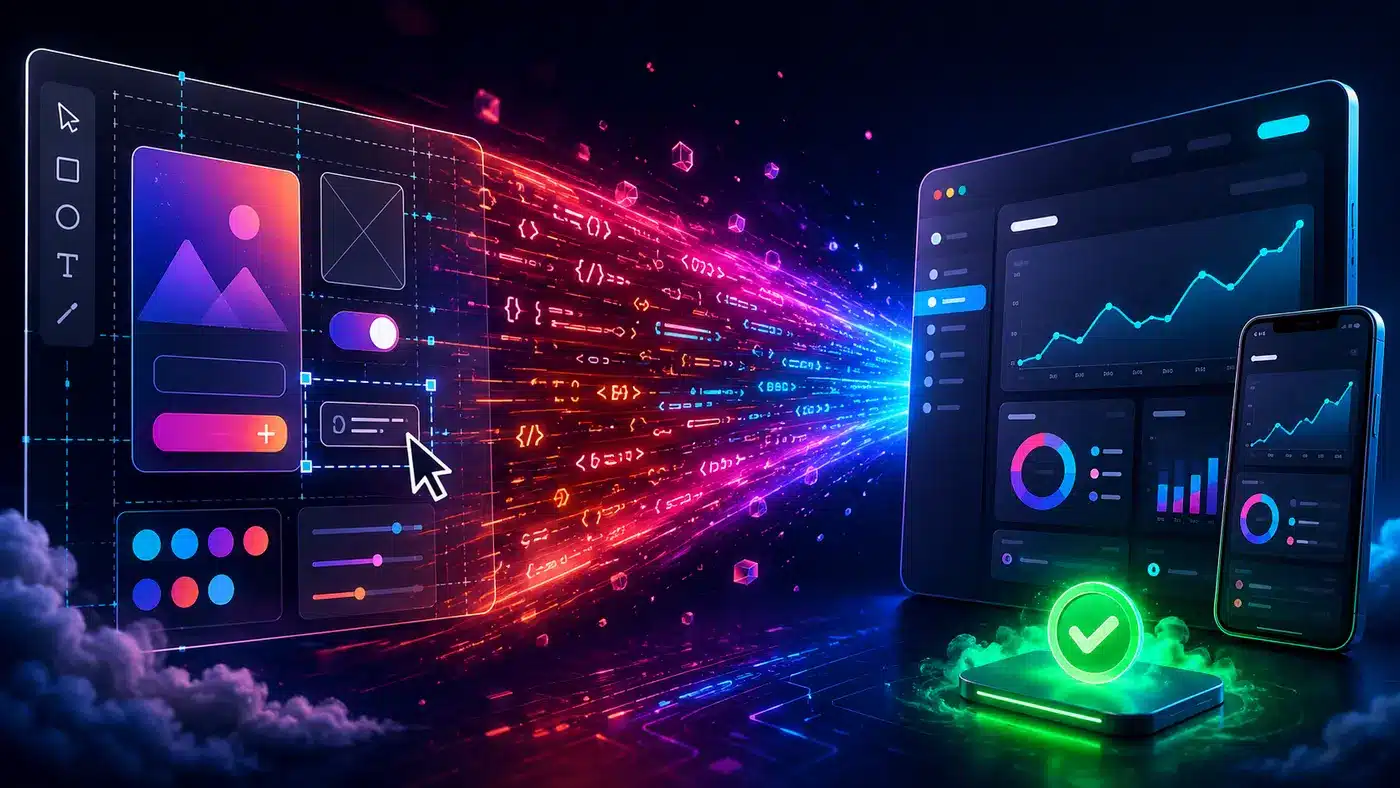 Une interface de conception visuelle se transforme en application SaaS fonctionnelle et responsive