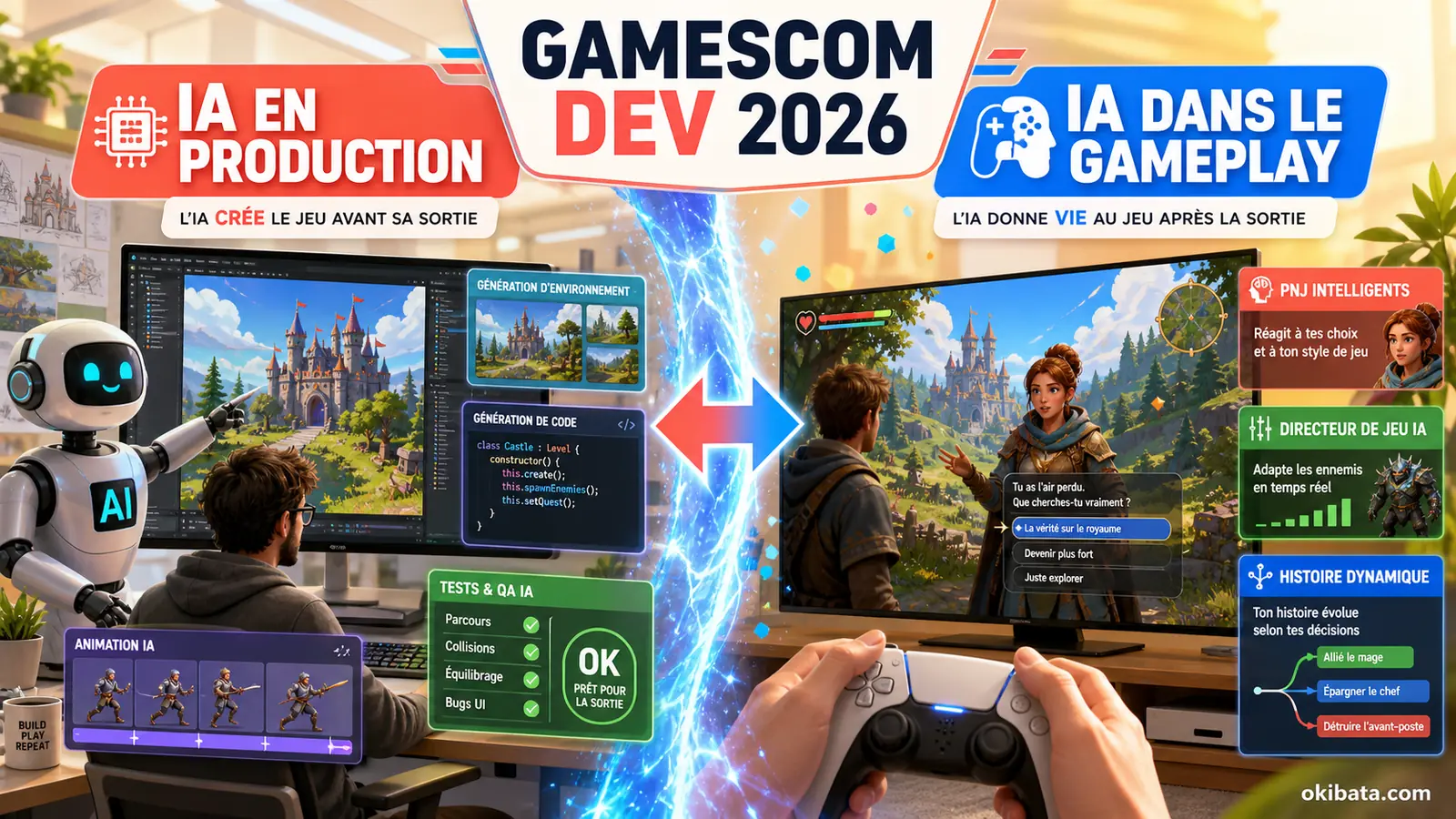 Gamescom dev 2026 sépare une IA qui fabrique code, décors, animations et tests d’une IA qui anime les personnages et la partie chez le joueur