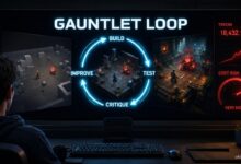 Écran montrant un Gauntlet Loop : une IA construit, teste, critique et améliore un jeu pendant que le nombre de tokens augmente